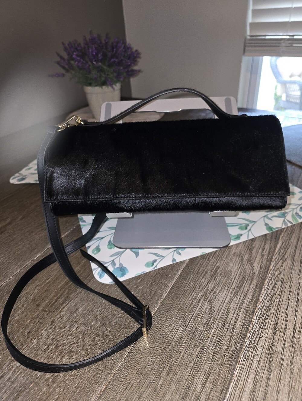 Black Faux Fur Top-Handle Crossbody Bag - Women's